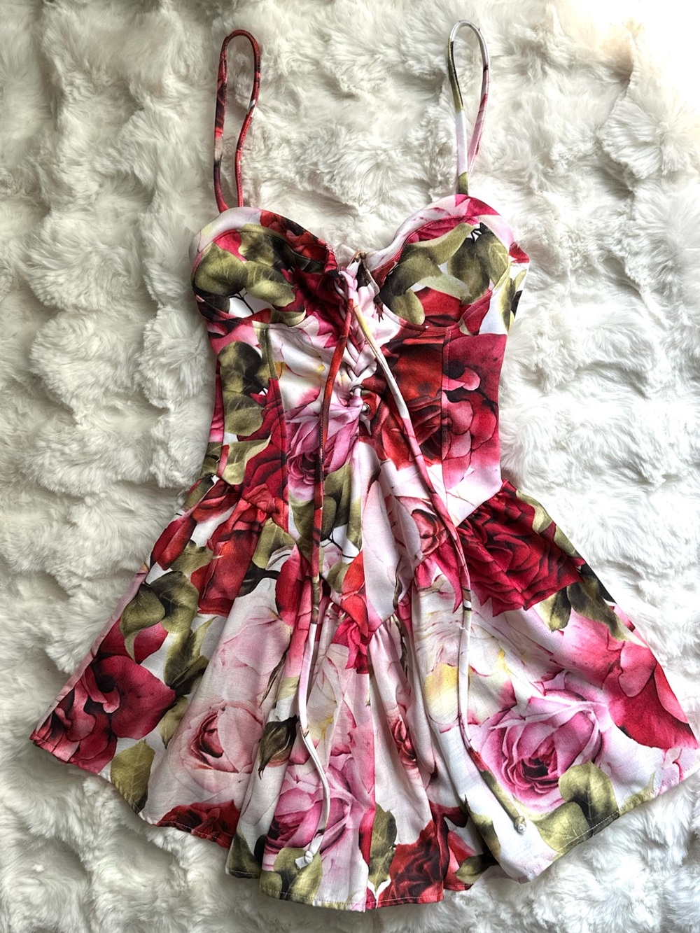 Women’s Corset Floral Sweetheart Mini Romper Dress in Red & Pink